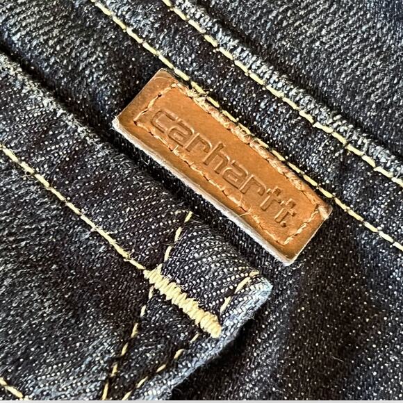 Carhartt Womens Capri Jeans Curvy Fit Dark Stonewashed Blue Leather Patch Cuffed - Picture 9 of 16